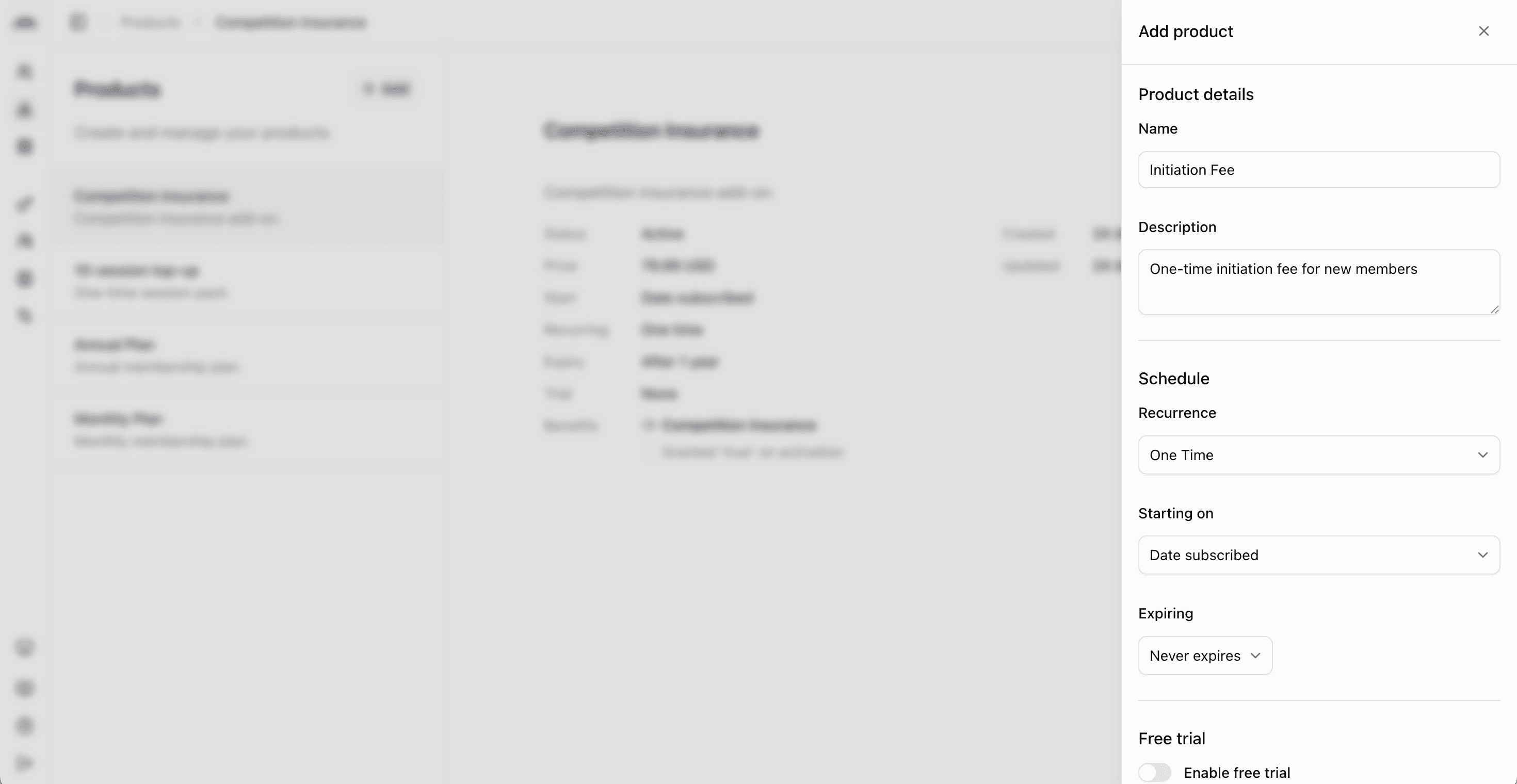 Screenshot of the one-off product form