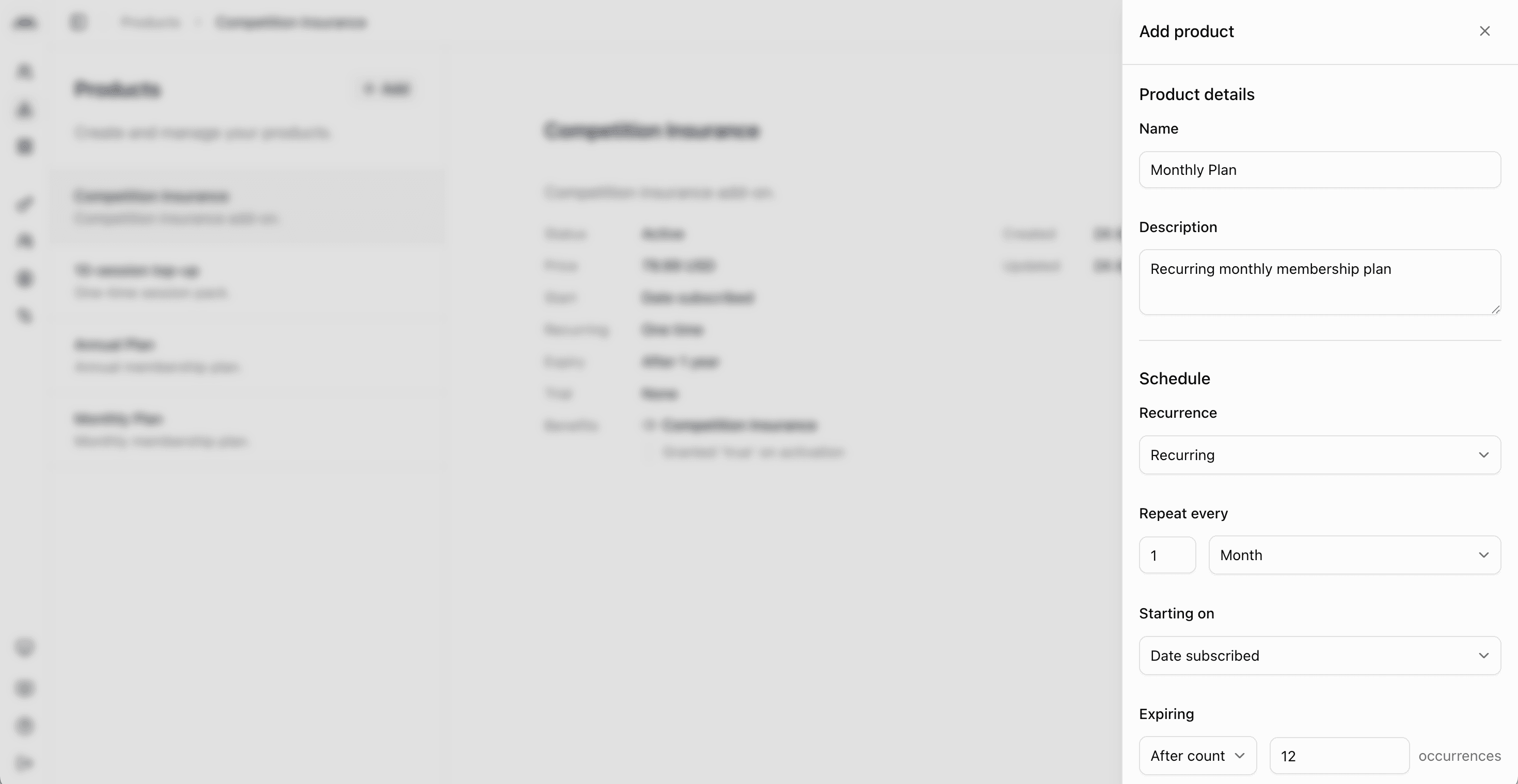 Screenshot of the recurring product form