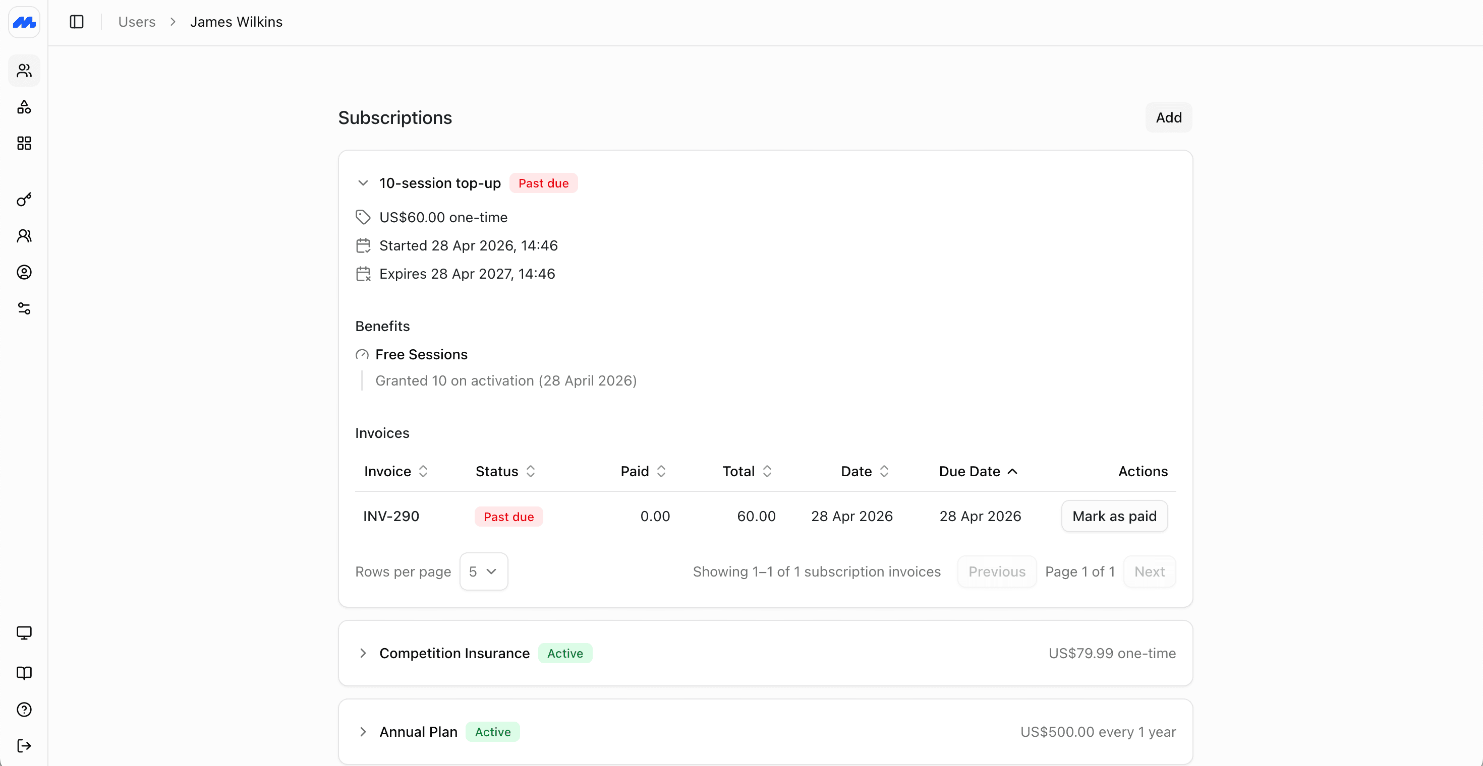 Screenshot of the invoices created