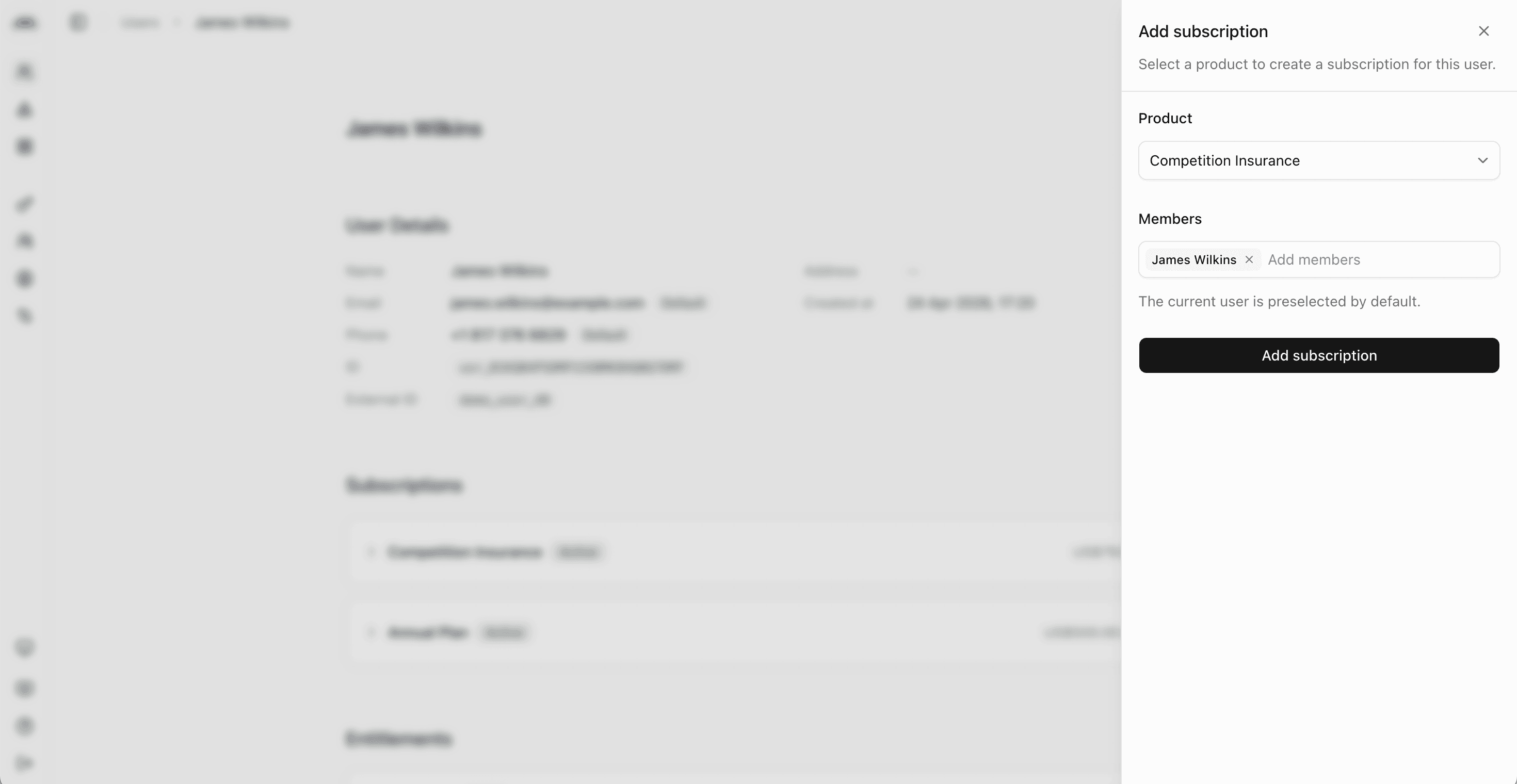 Screenshot of the create subscription form