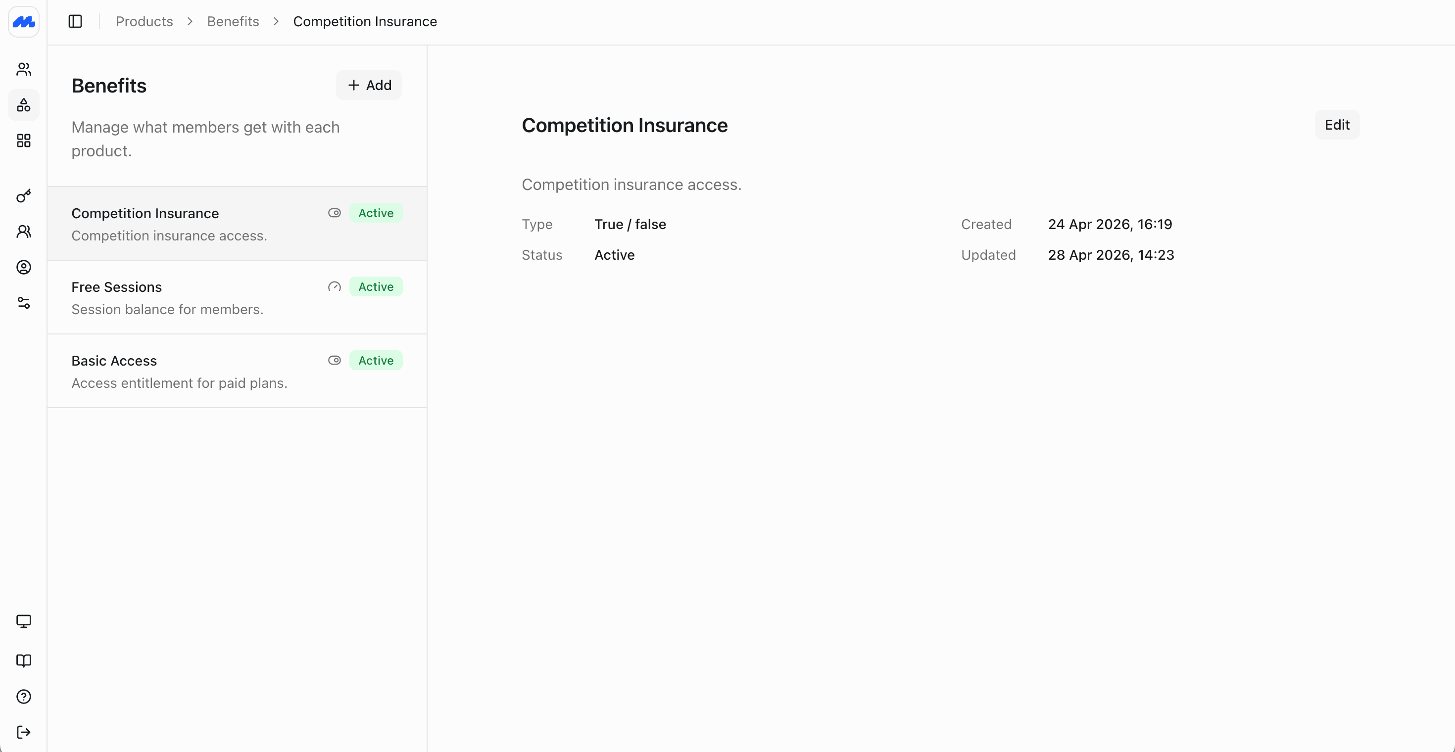 Benefits catalog in the admin dashboard