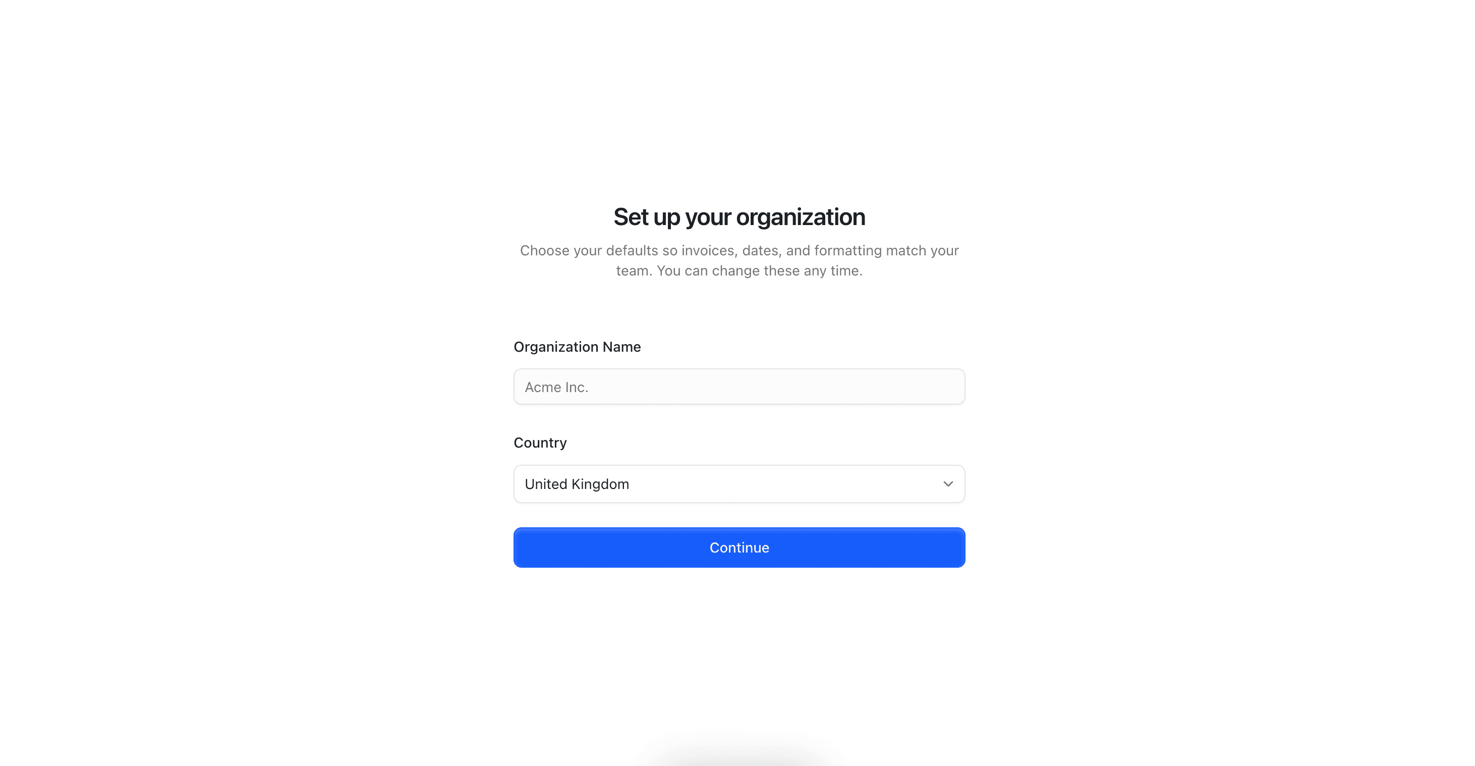Organization setup screenshot