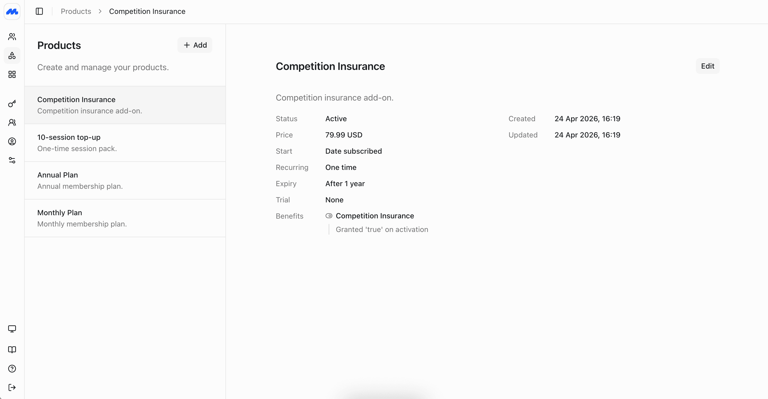 Products list screenshot