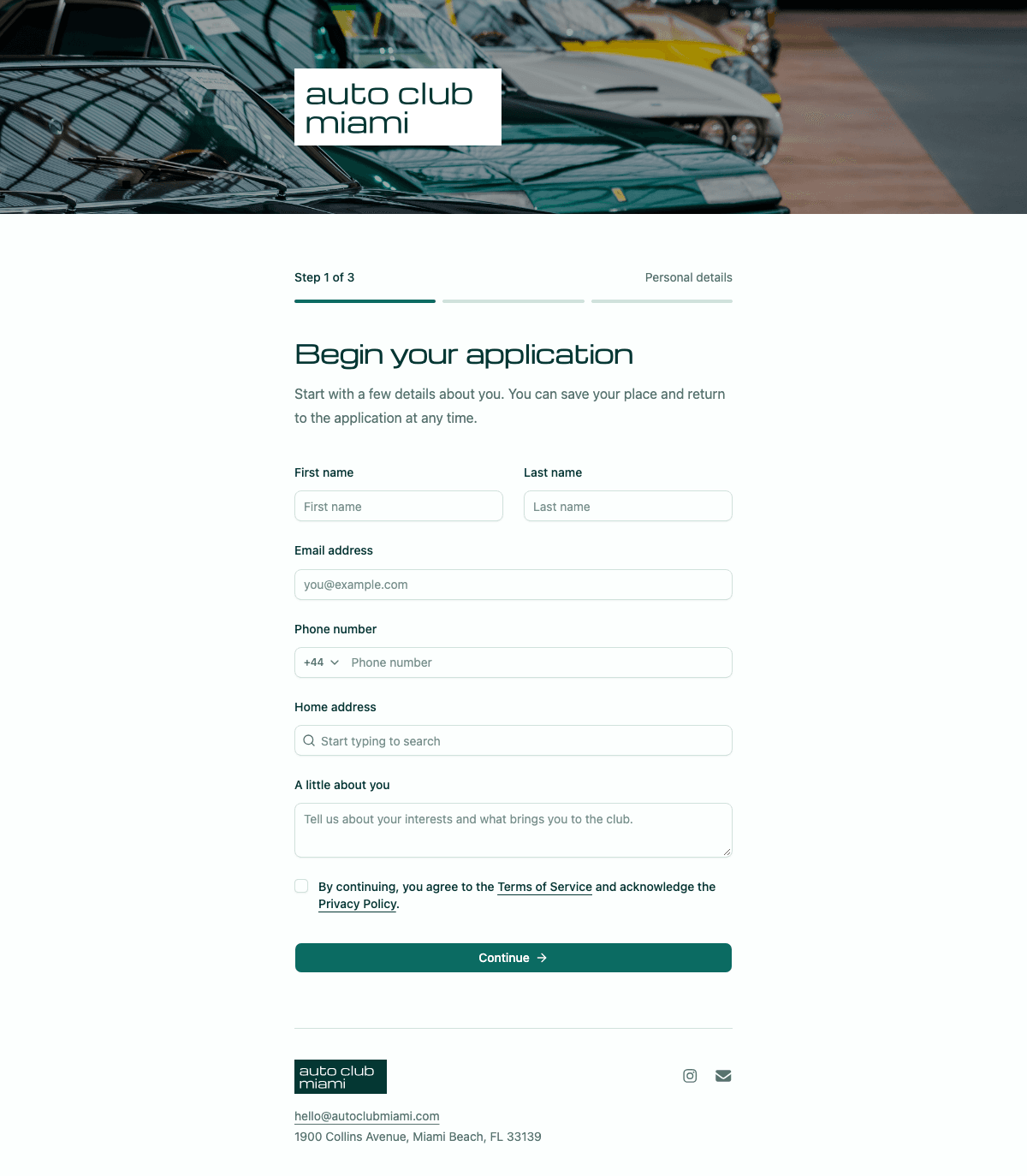 desktop screenshot of Auto Club Miami's membership application welcome screen.
