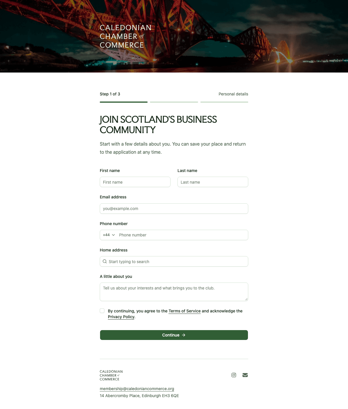 desktop screenshot of Caledonian Chamber of Commerce's membership application welcome screen.