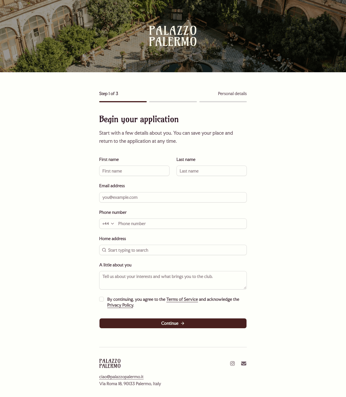 desktop screenshot of Palazzo Palermo's membership application welcome screen.