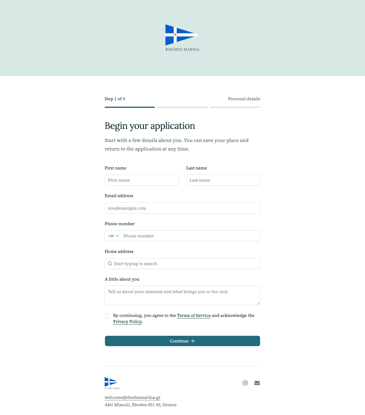 desktop screenshot of Rhodes Marina's membership application welcome screen.
