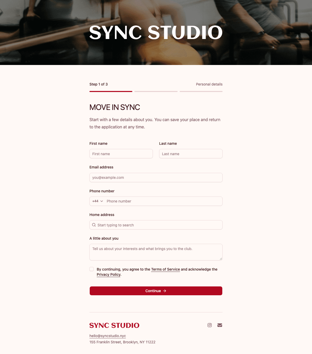 desktop screenshot of Sync Studio's membership application welcome screen.