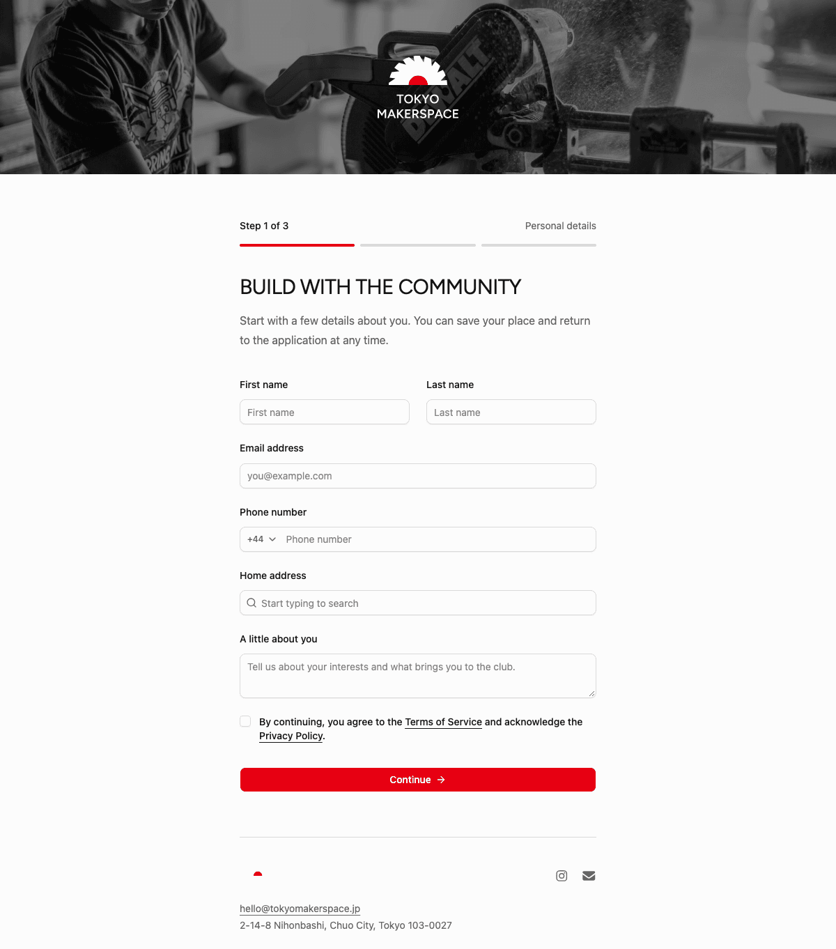 desktop screenshot of Tokyo Makerspace's membership application welcome screen.
