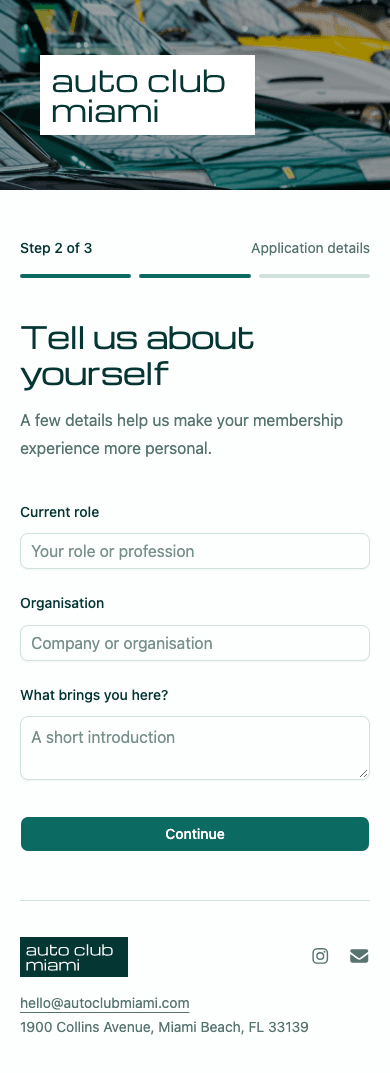 mobile screenshot of Auto Club Miami's membership application details step.