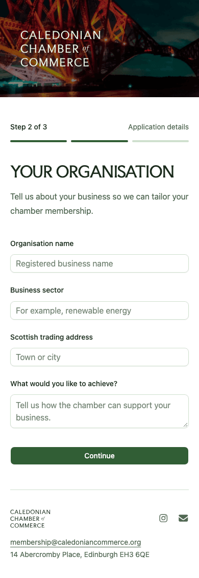 mobile screenshot of Caledonian Chamber of Commerce's membership application details step.