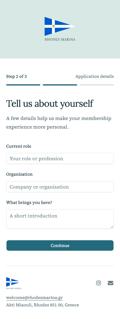 mobile screenshot of Rhodes Marina's membership application details step.