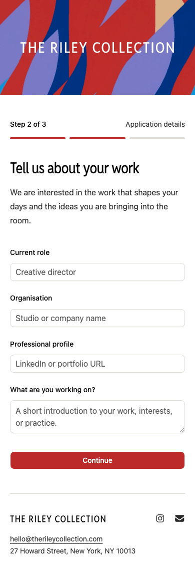 mobile screenshot of The Riley Collection's membership application details step.