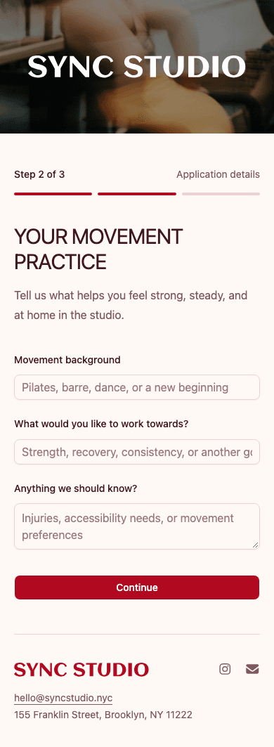 mobile screenshot of Sync Studio's membership application details step.