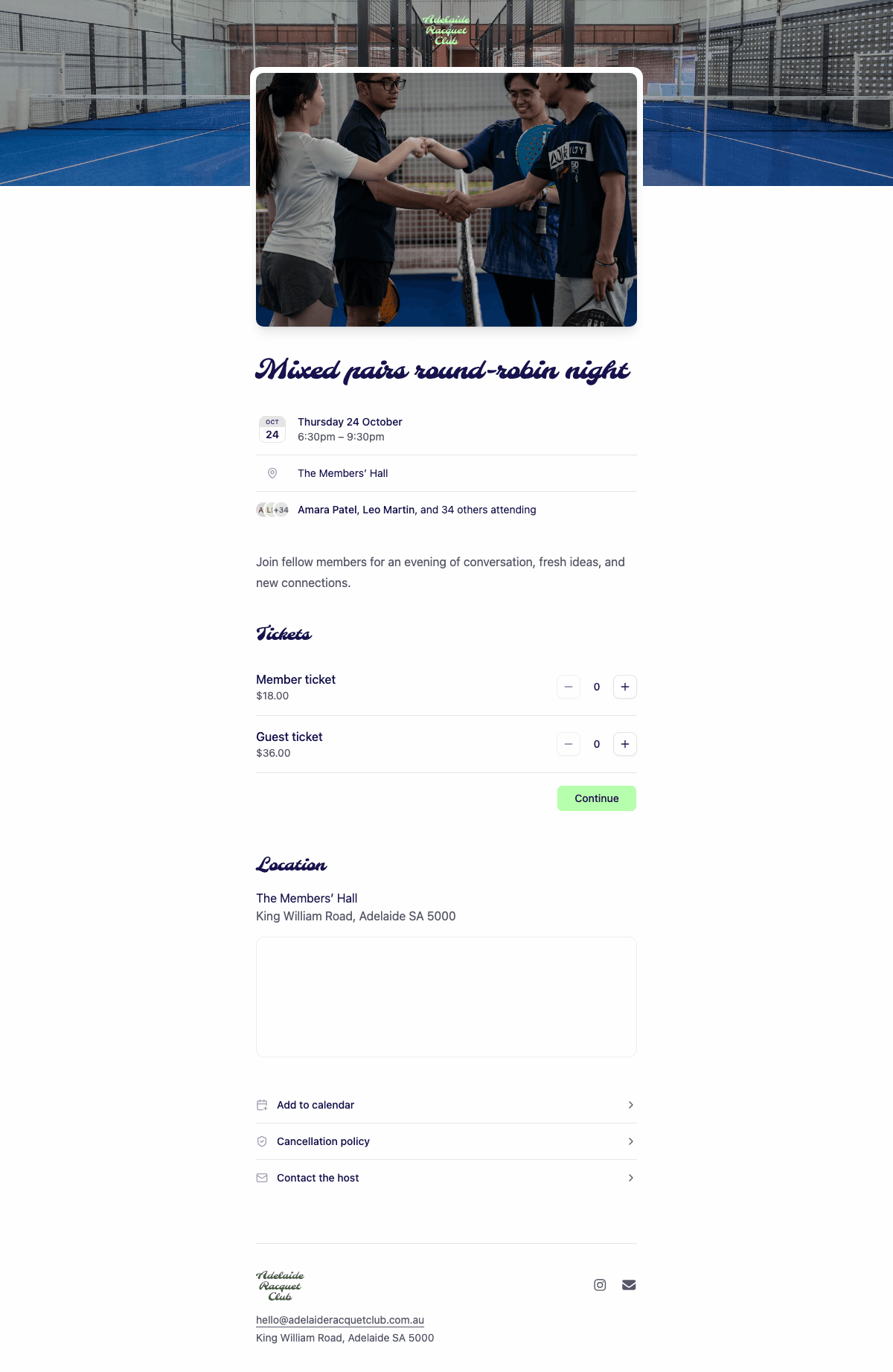 desktop screenshot of Adelaide Racquet Club's event and ticket selection page.