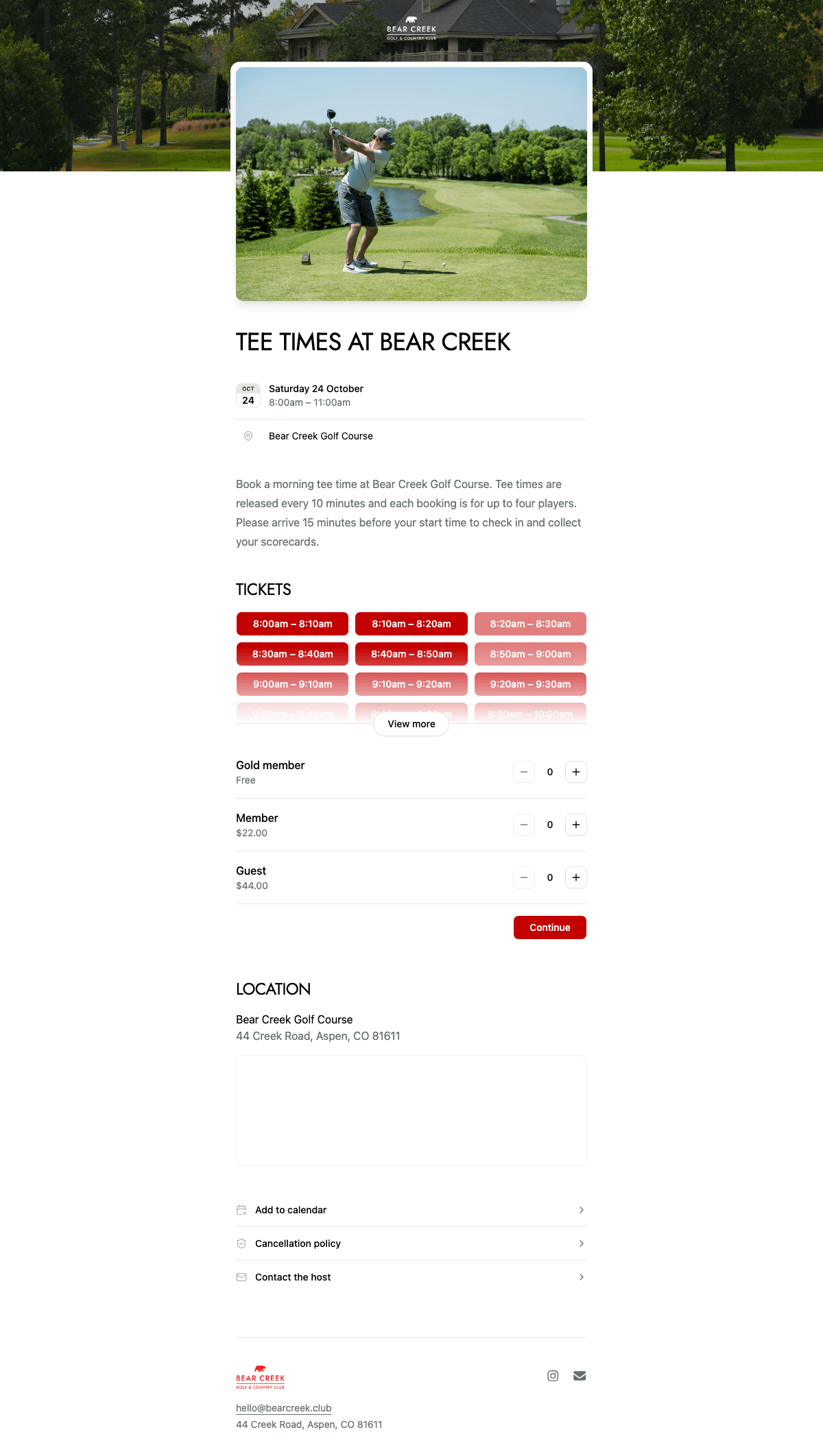 desktop screenshot of Bear Creek's event and ticket selection page.