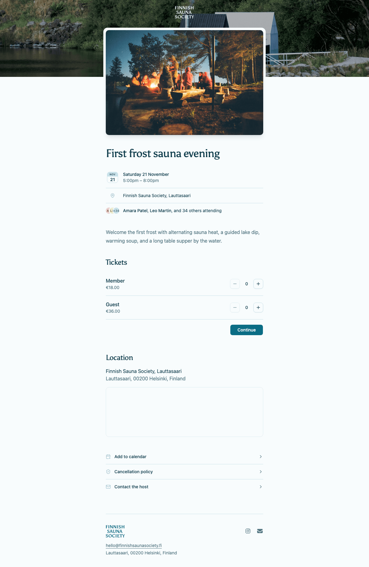 desktop screenshot of Finnish Sauna Society's event and ticket selection page.