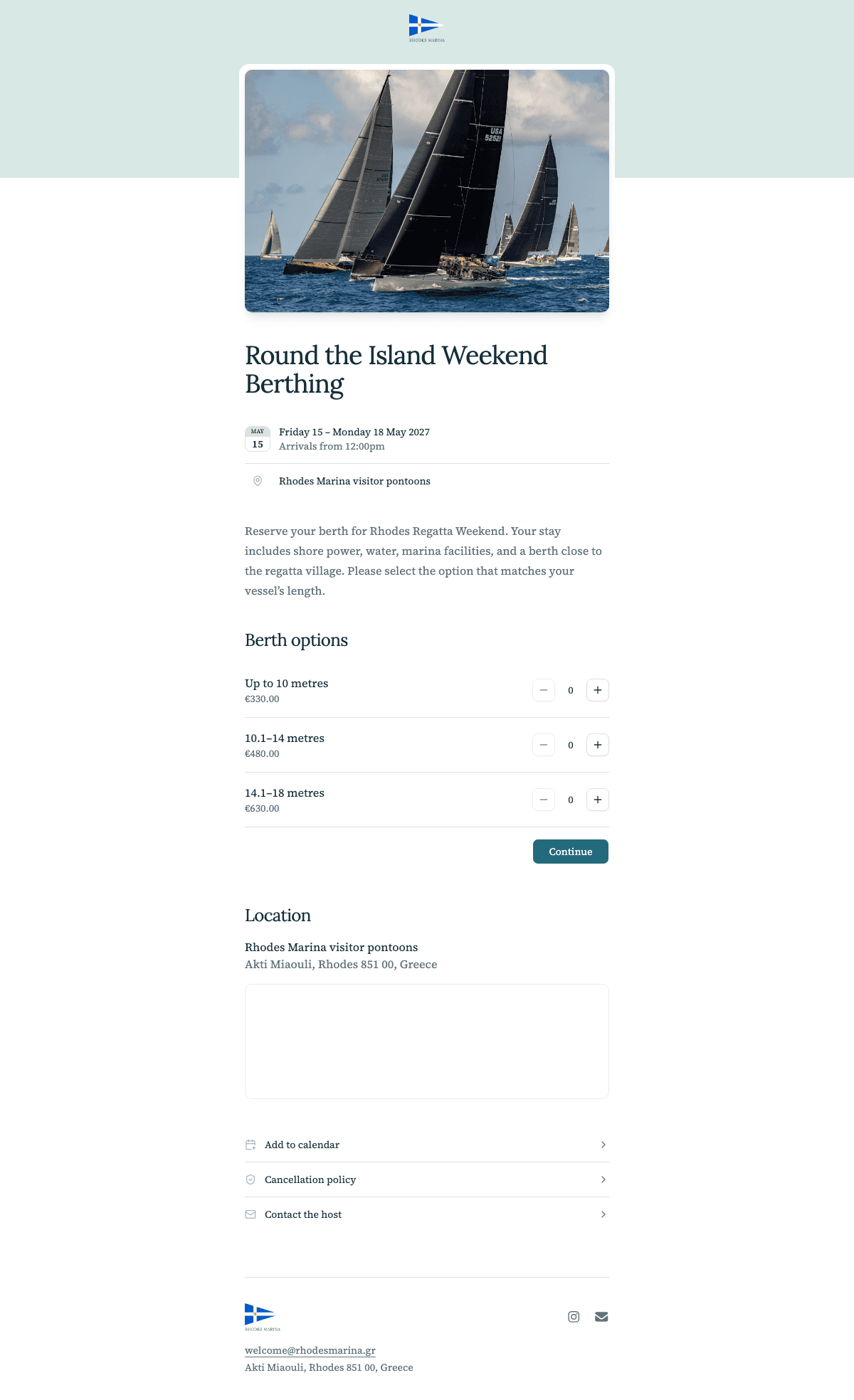 desktop screenshot of Rhodes Marina's event and ticket selection page.