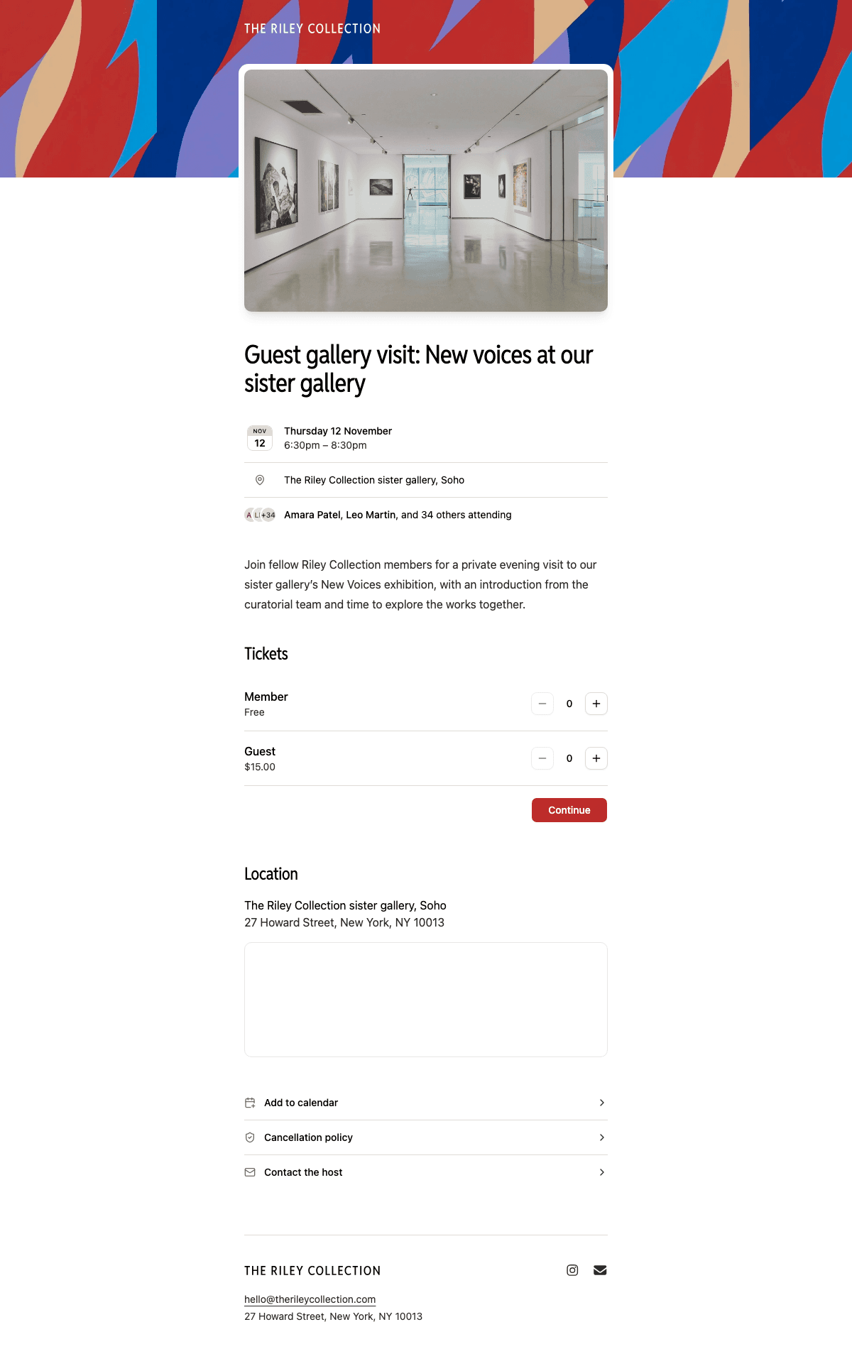 desktop screenshot of The Riley Collection's event and ticket selection page.