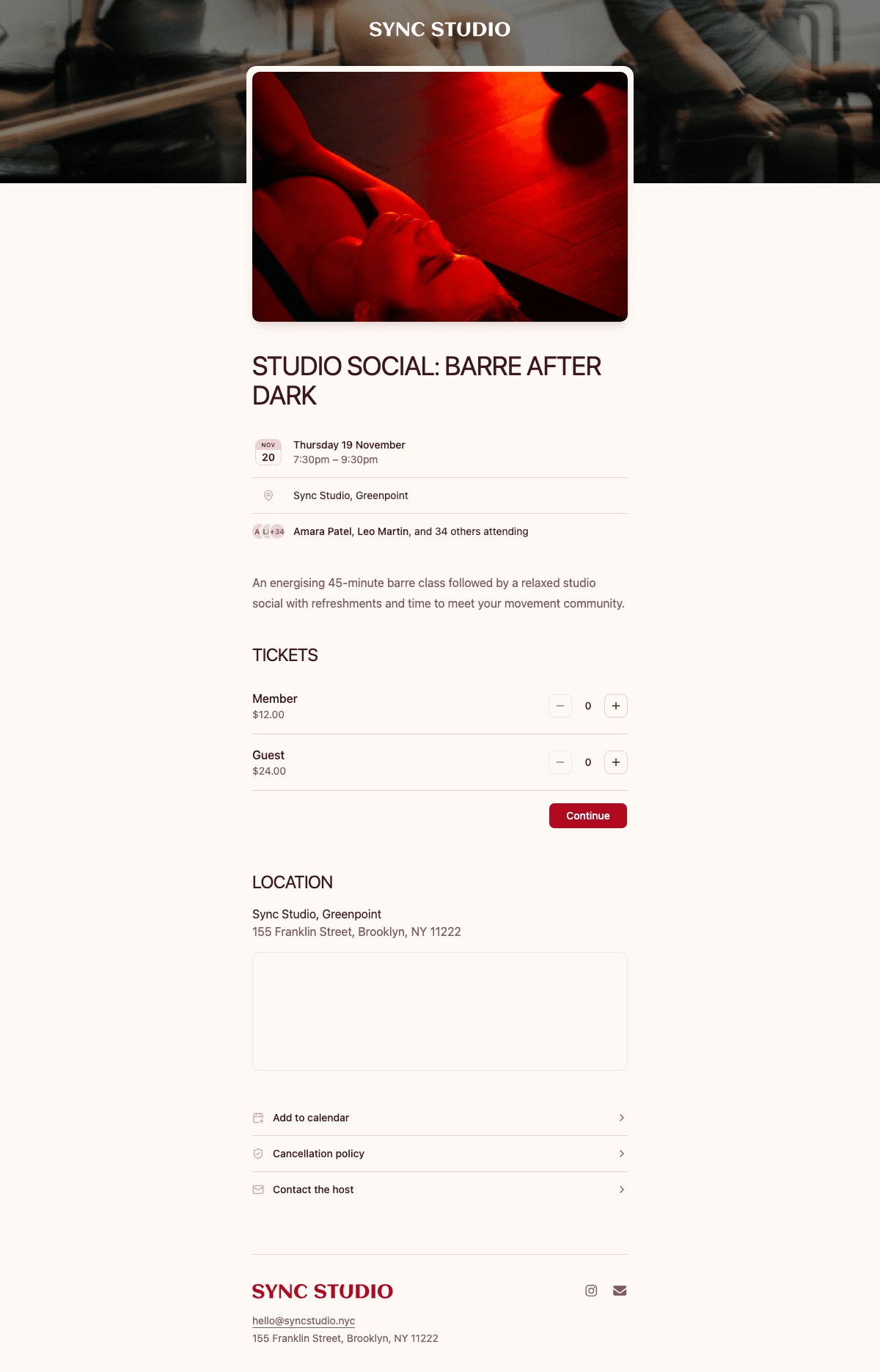 desktop screenshot of Sync Studio's event and ticket selection page.