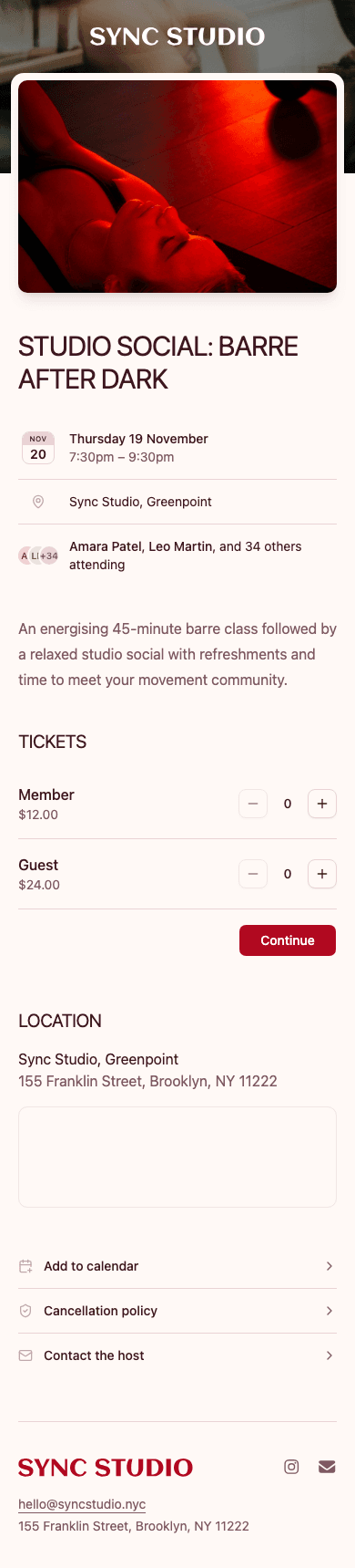 mobile screenshot of Sync Studio's event and ticket selection page.