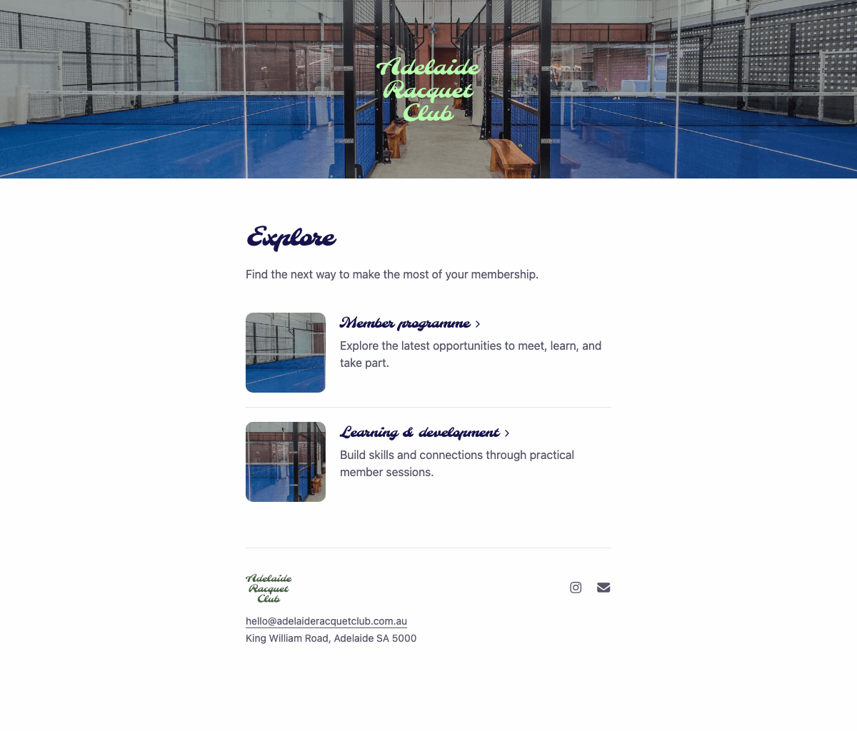 desktop screenshot of Adelaide Racquet Club's event categories page.