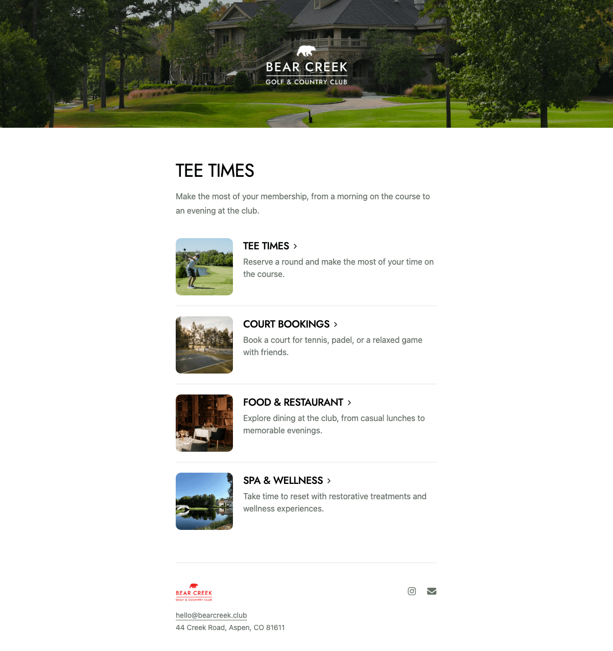 desktop screenshot of Bear Creek's event categories page.