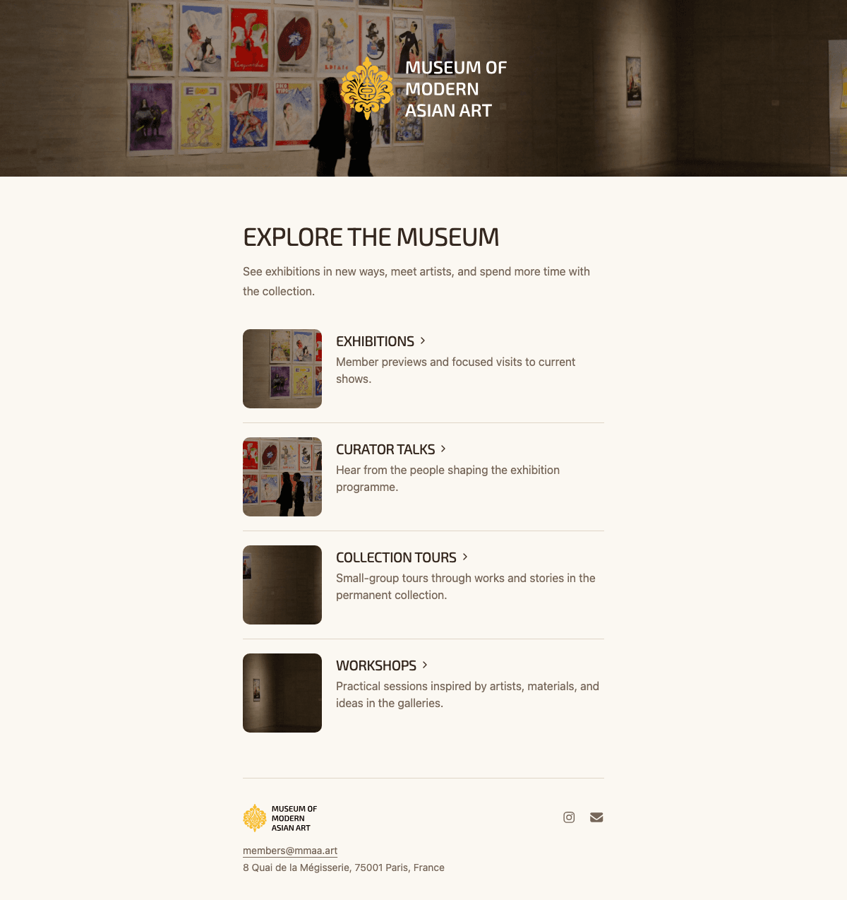 desktop screenshot of Museum of Modern Asian Art's event categories page.
