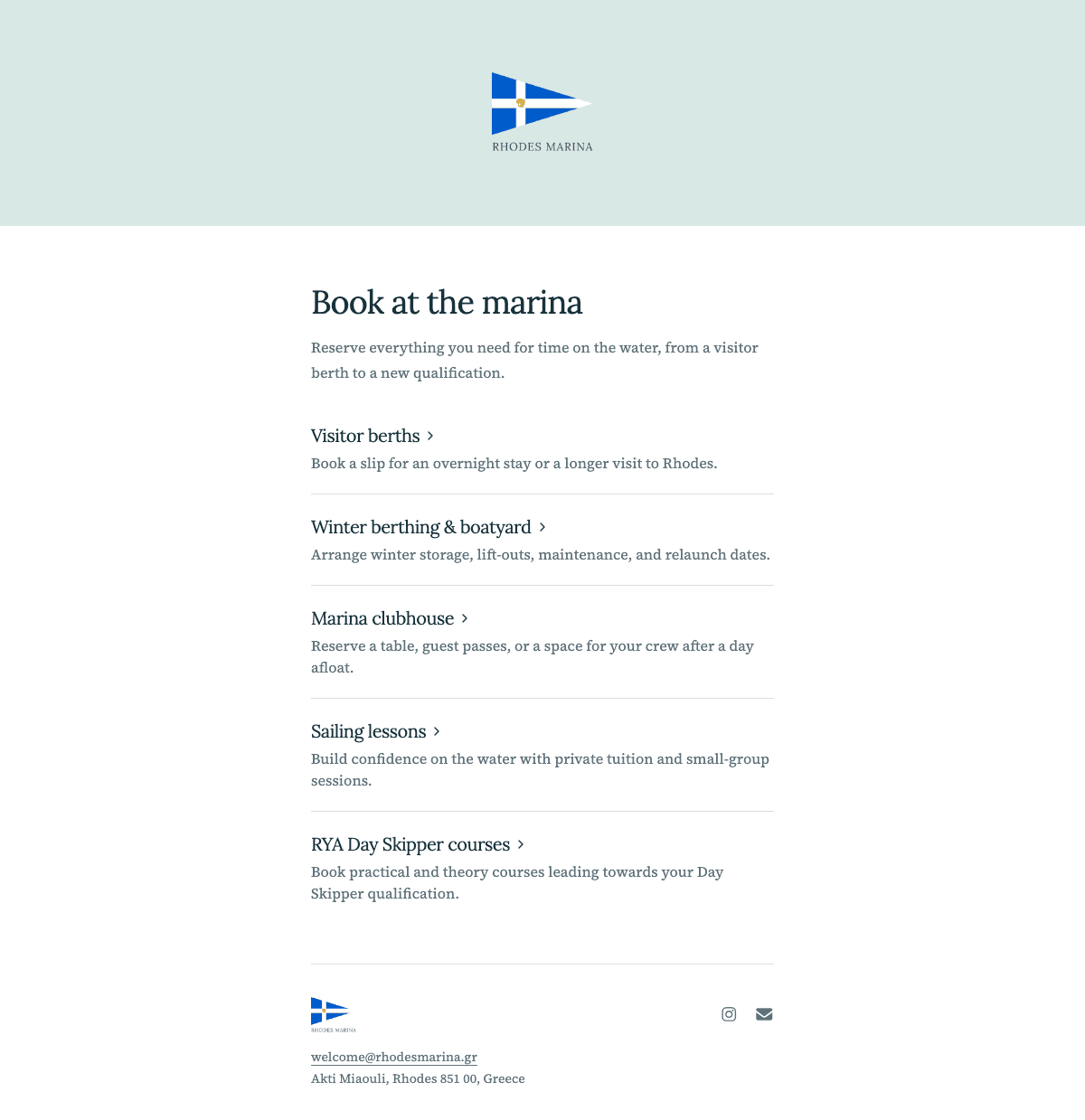 desktop screenshot of Rhodes Marina's event categories page.