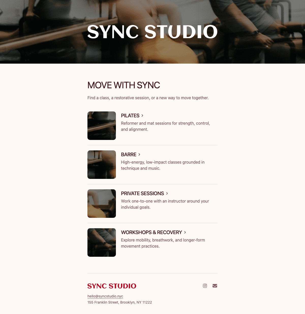 desktop screenshot of Sync Studio's event categories page.