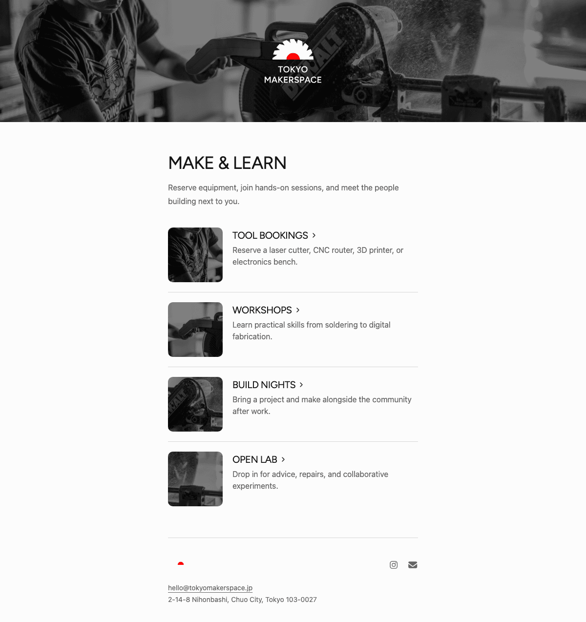 desktop screenshot of Tokyo Makerspace's event categories page.