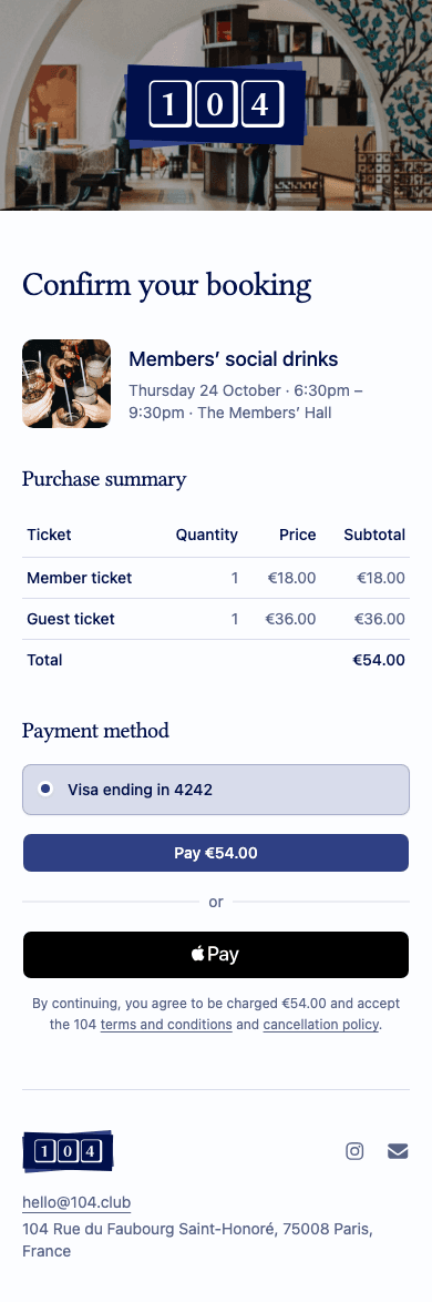 mobile screenshot of 104's event booking confirmation.