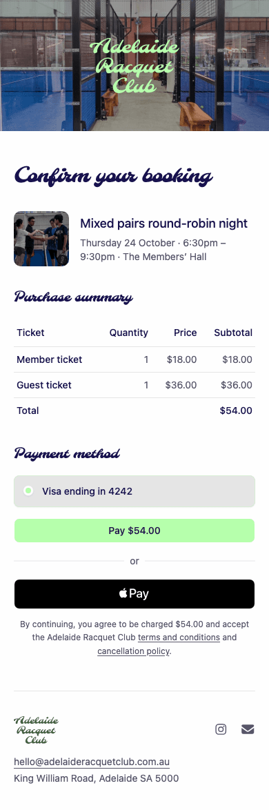 mobile screenshot of Adelaide Racquet Club's event booking confirmation.