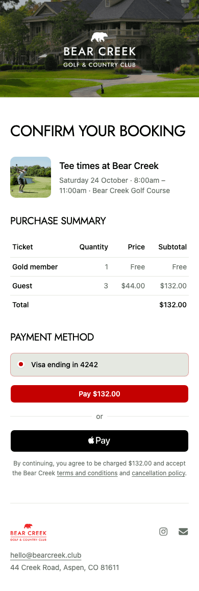 mobile screenshot of Bear Creek's event booking confirmation.