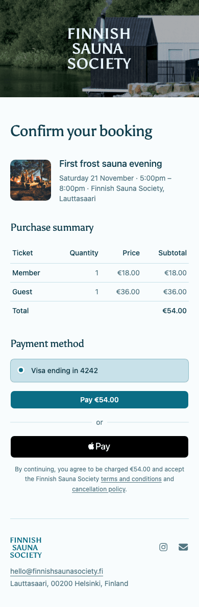 mobile screenshot of Finnish Sauna Society's event booking confirmation.