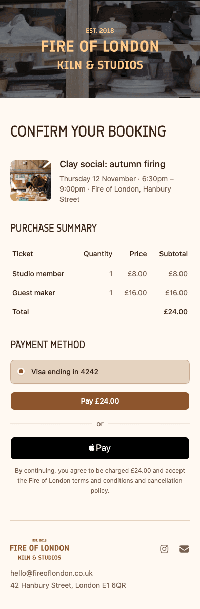 mobile screenshot of Fire of London's event booking confirmation.