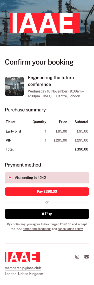mobile screenshot of IAAE's event booking confirmation.