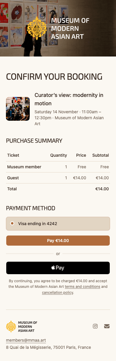 mobile screenshot of Museum of Modern Asian Art's event booking confirmation.