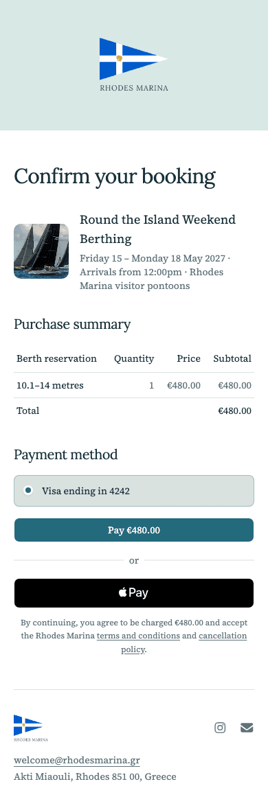 mobile screenshot of Rhodes Marina's event booking confirmation.
