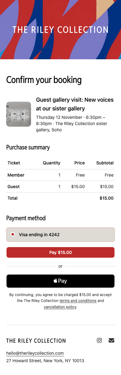 mobile screenshot of The Riley Collection's event booking confirmation.