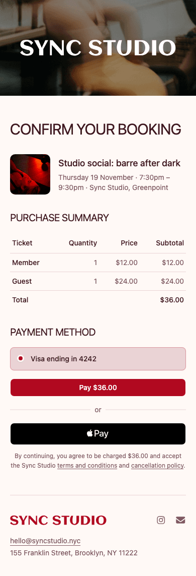 mobile screenshot of Sync Studio's event booking confirmation.