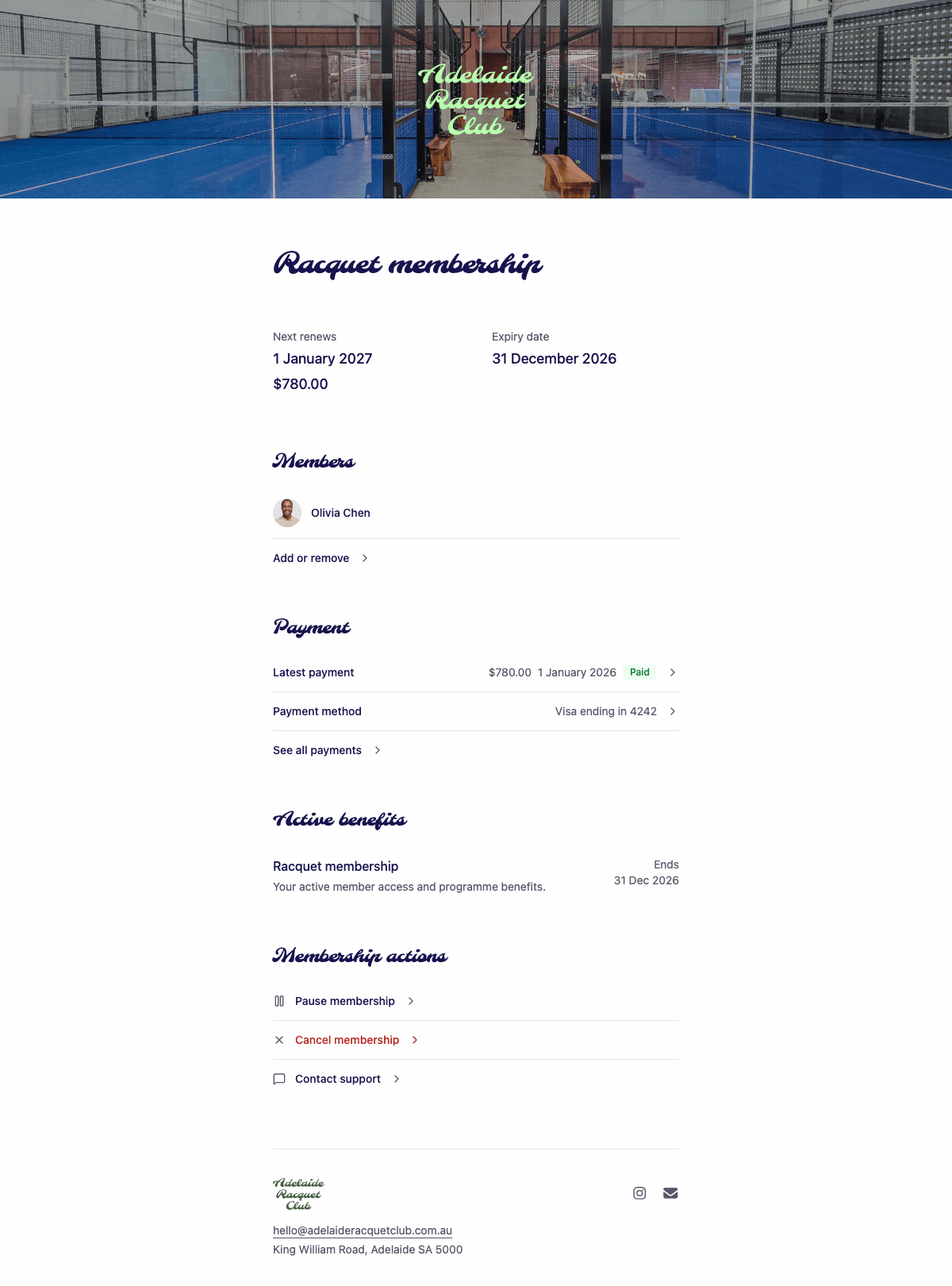 desktop screenshot of Adelaide Racquet Club's member home showing membership and active benefits.