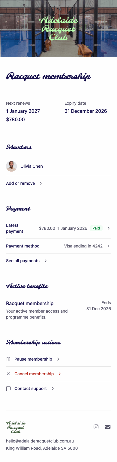 mobile screenshot of Adelaide Racquet Club's member home showing membership and active benefits.