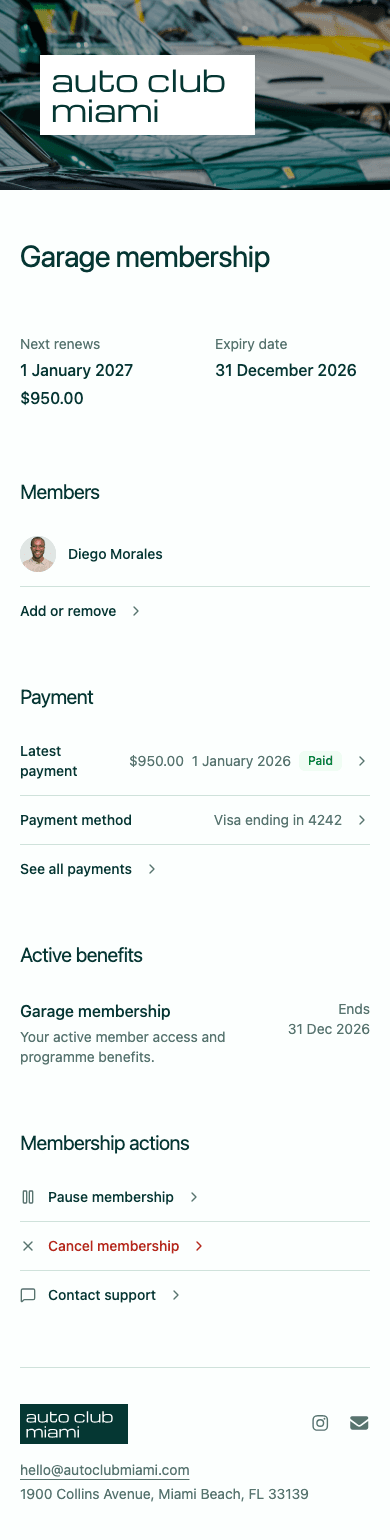 mobile screenshot of Auto Club Miami's member home showing membership and active benefits.