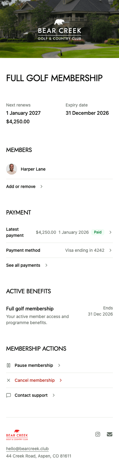 mobile screenshot of Bear Creek's member home showing membership and active benefits.