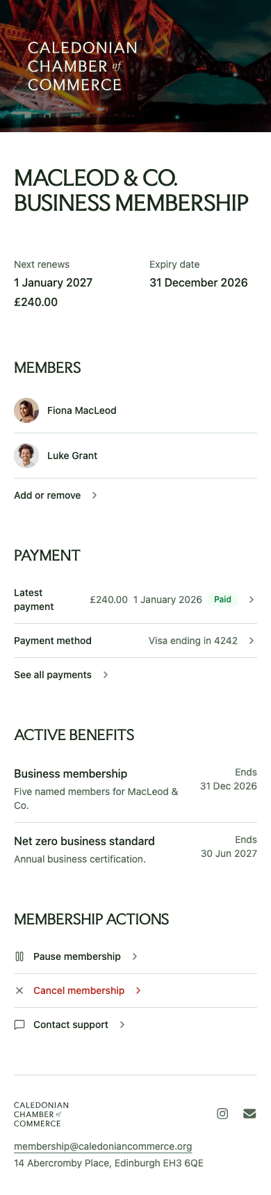 mobile screenshot of Caledonian Chamber of Commerce's member home showing membership and active benefits.