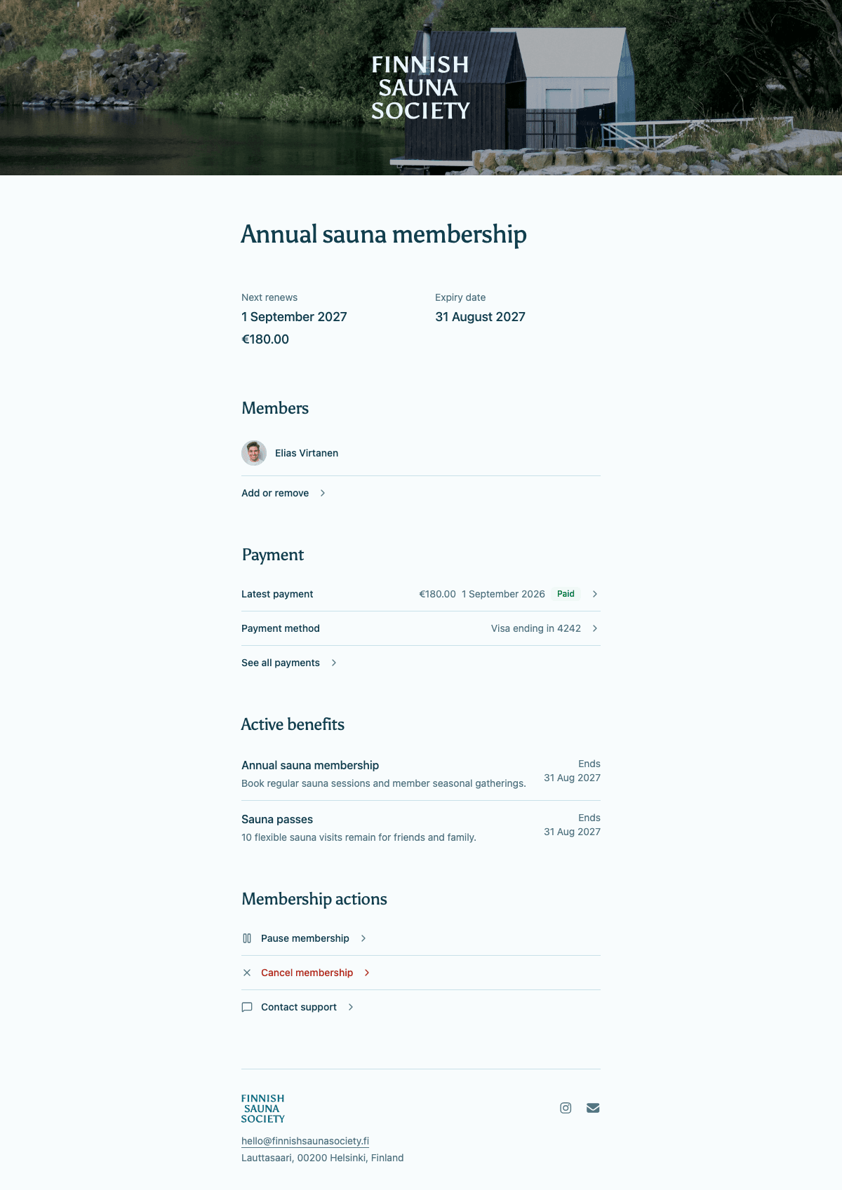 desktop screenshot of Finnish Sauna Society's member home showing membership and active benefits.