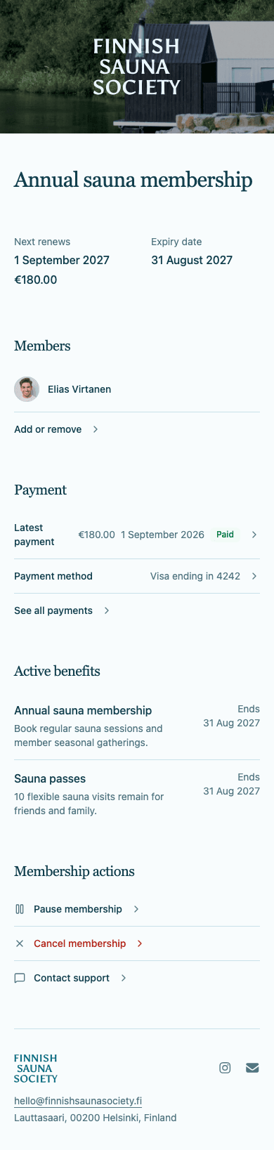 mobile screenshot of Finnish Sauna Society's member home showing membership and active benefits.