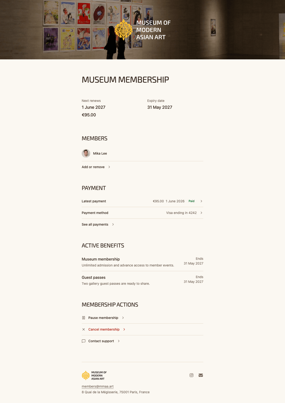 desktop screenshot of Museum of Modern Asian Art's member home showing membership and active benefits.