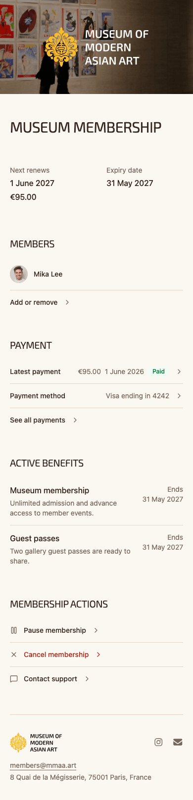 mobile screenshot of Museum of Modern Asian Art's member home showing membership and active benefits.